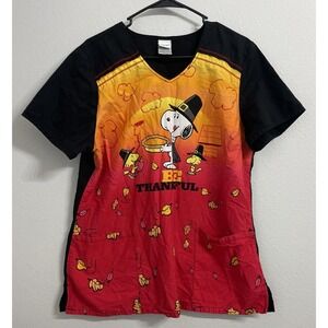 Peanuts Thanksgiving "Thankful" V Neck Scrub Top, Size: XL